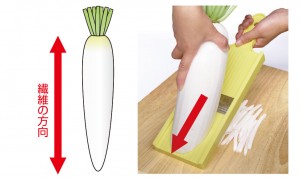 本器を斜めにもち、大根を平行に突きます